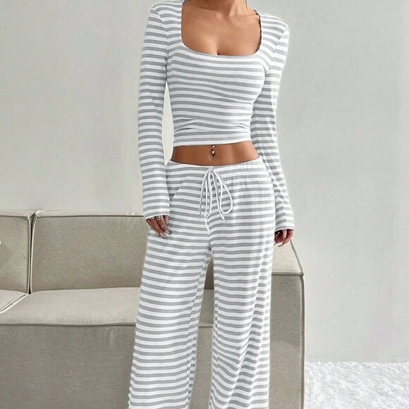 Casual Women's Striped Long Sleeve Top & Front Tie Pants Set lounge comfy - Picture 4 of 6